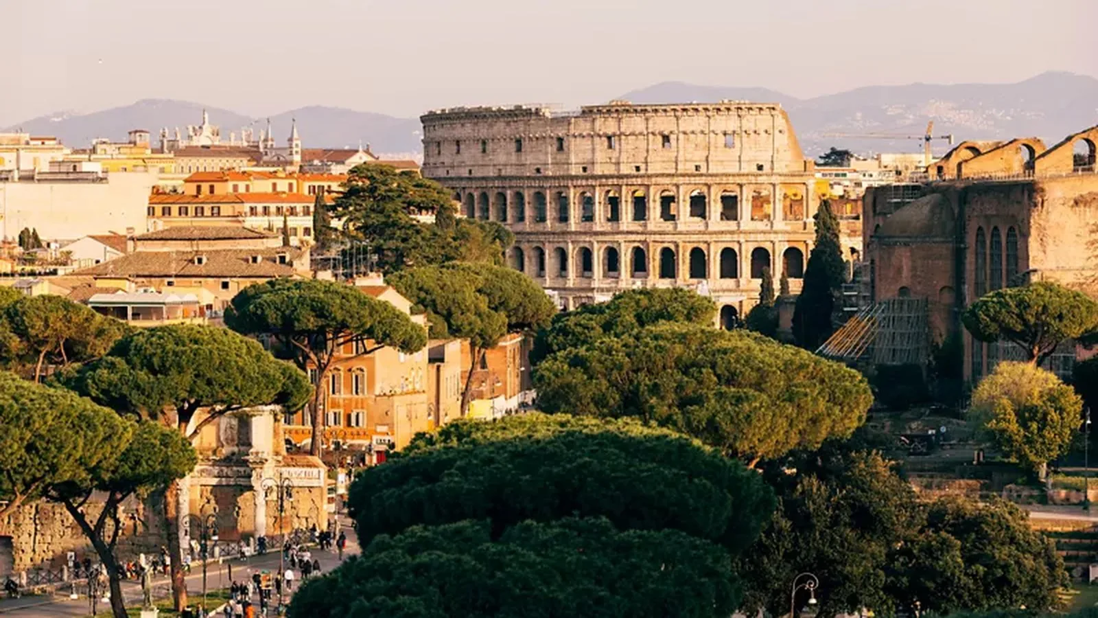 Il Foro Romano e il Colosseo visti dall'alto tra i pini